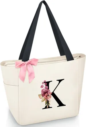 Vavabox Tote Bag, A-Z Initial Monogrammed Waterproof Tote Bag, Bridesmaid Gifts for Women, Black and Pink