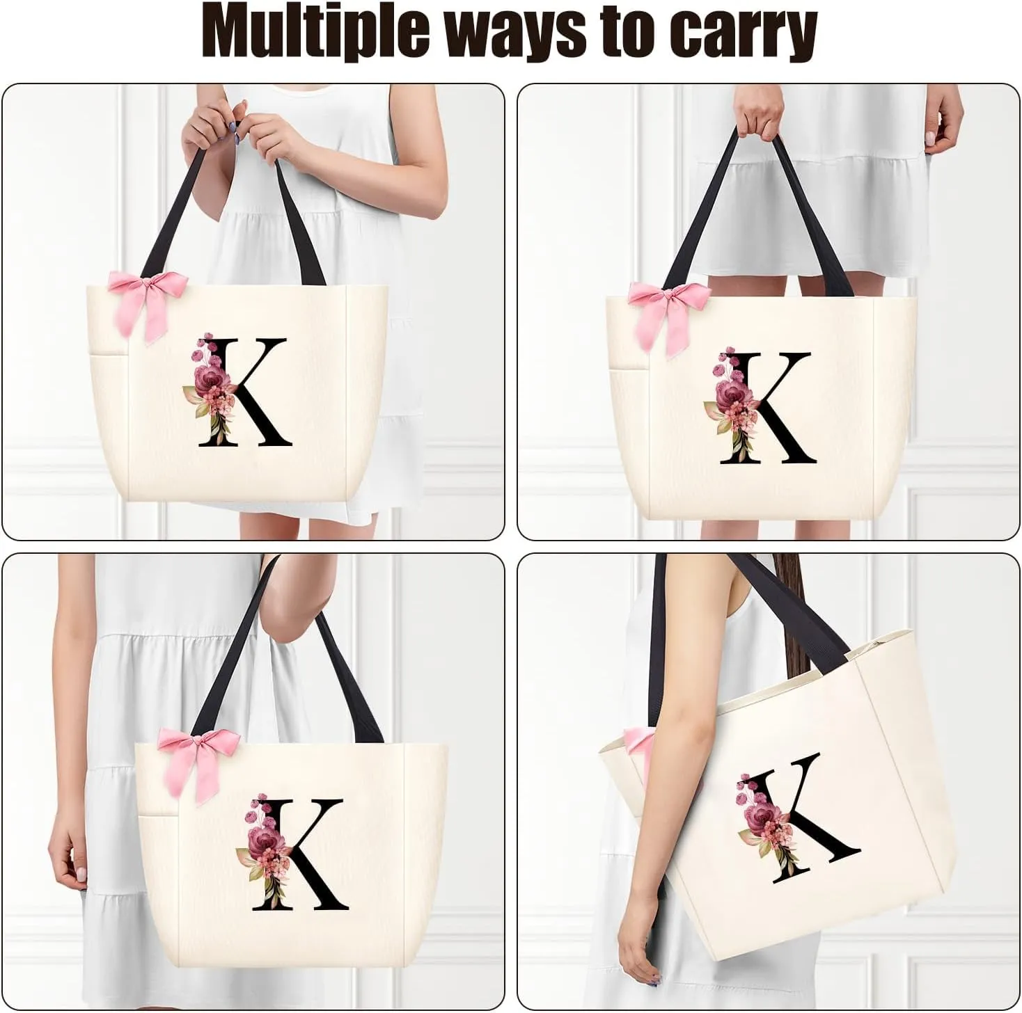 Vavabox Tote Bag, A-Z Initial Monogrammed Waterproof Tote Bag, Bridesmaid Gifts for Women, Black and Pink