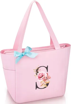 Vavabox Tote Bag, A-Z Initial Monogrammed Waterproof Tote Bag, Bridesmaid Gifts for Women, Black and Pink