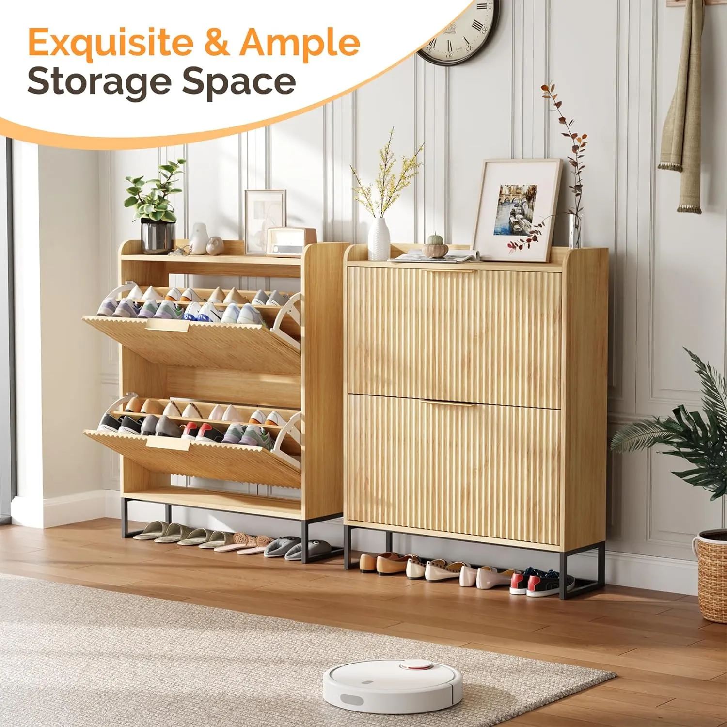 VINGLI Fluted Shoe Cabinet Storage for Entryway,Hidden Shoes Storage Cabinet with 2 Flip Drawers, Mid Century Modern Shoe Rack Organizer,Free Standing Shoes Organizer for Hallway(Natural Oak)