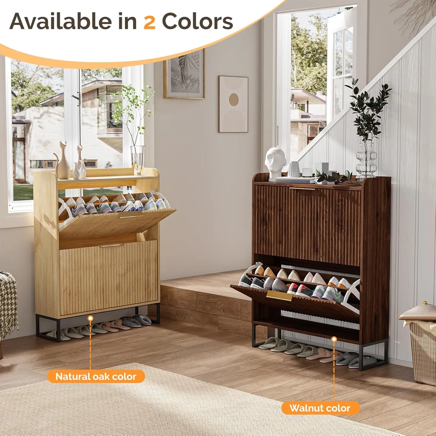 VINGLI Fluted Shoe Cabinet Storage for Entryway,Hidden Shoes Storage Cabinet with 2 Flip Drawers, Mid Century Modern Shoe Rack Organizer,Free Standing Shoes Organizer for Hallway(Natural Oak)