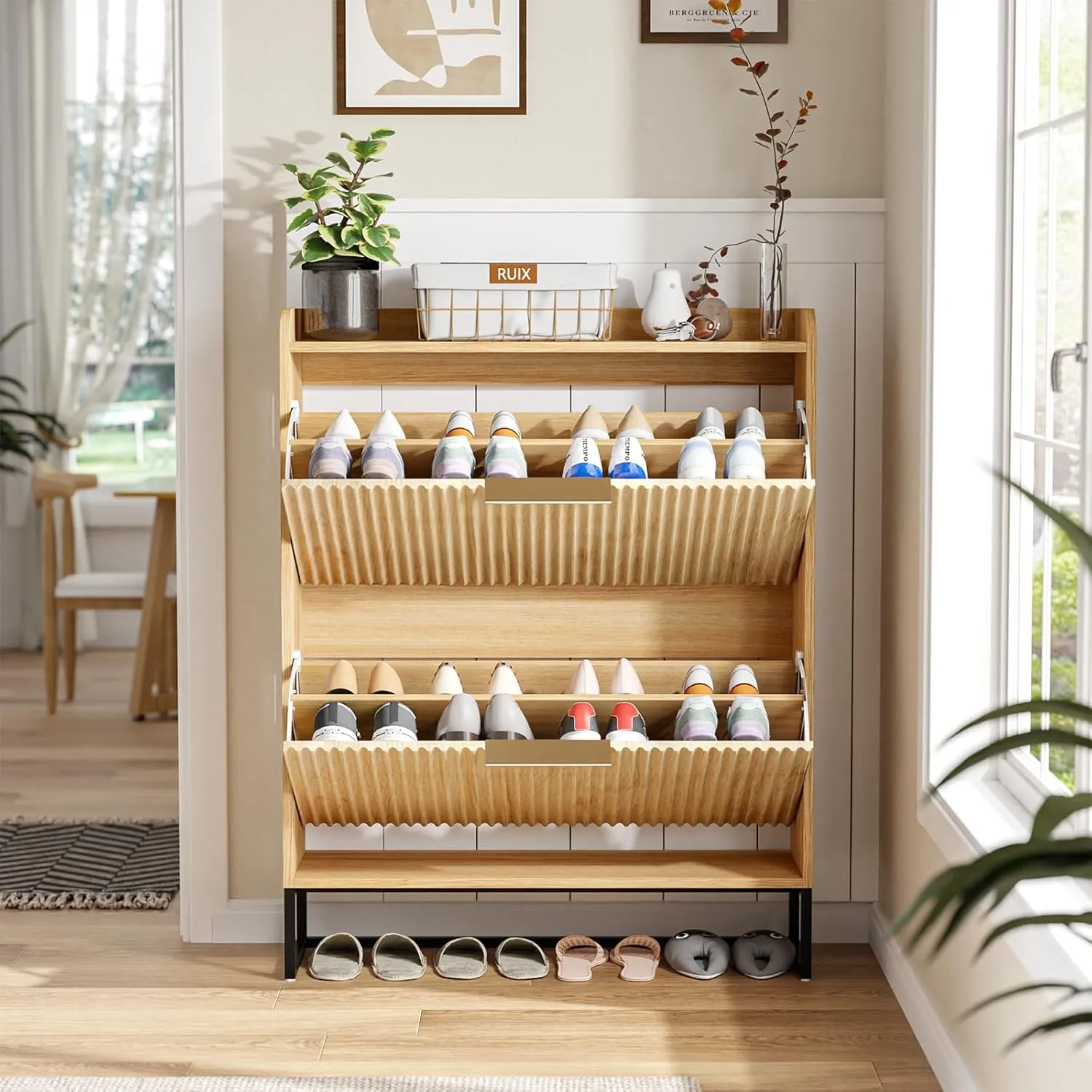 VINGLI Fluted Shoe Cabinet Storage for Entryway,Hidden Shoes Storage Cabinet with 2 Flip Drawers, Mid Century Modern Shoe Rack Organizer,Free Standing Shoes Organizer for Hallway(Natural Oak)