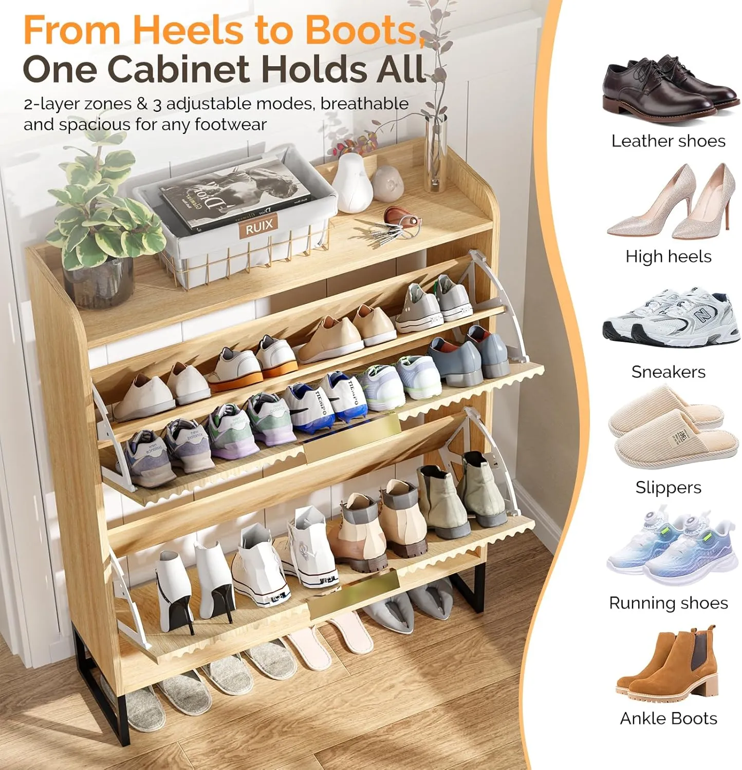 VINGLI Fluted Shoe Cabinet Storage for Entryway,Hidden Shoes Storage Cabinet with 2 Flip Drawers, Mid Century Modern Shoe Rack Organizer,Free Standing Shoes Organizer for Hallway(Natural Oak)