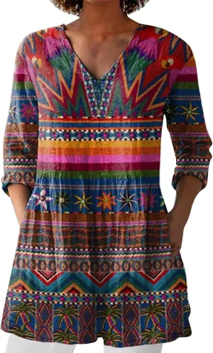 Vintage Boho Tops for Women Summer Casual Linen Oversized Long Sleeve Shirt Floral Graphic V Neck Blouses Vacation