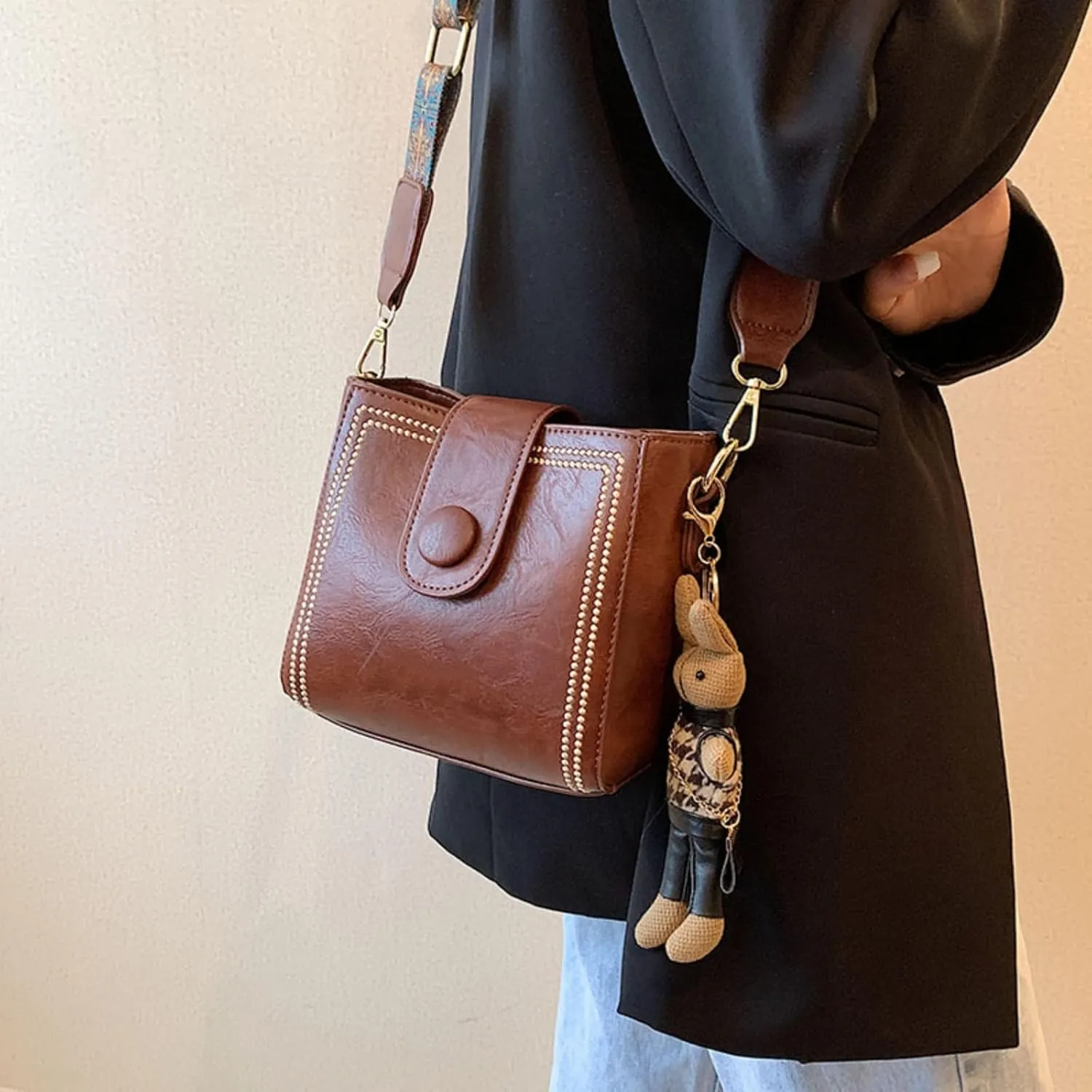 Vintage Fashion Bag with Adjustable Wider Shoulder Strap,Vintage Retro Small Water Bucket Bag,Crossbody Bags Women