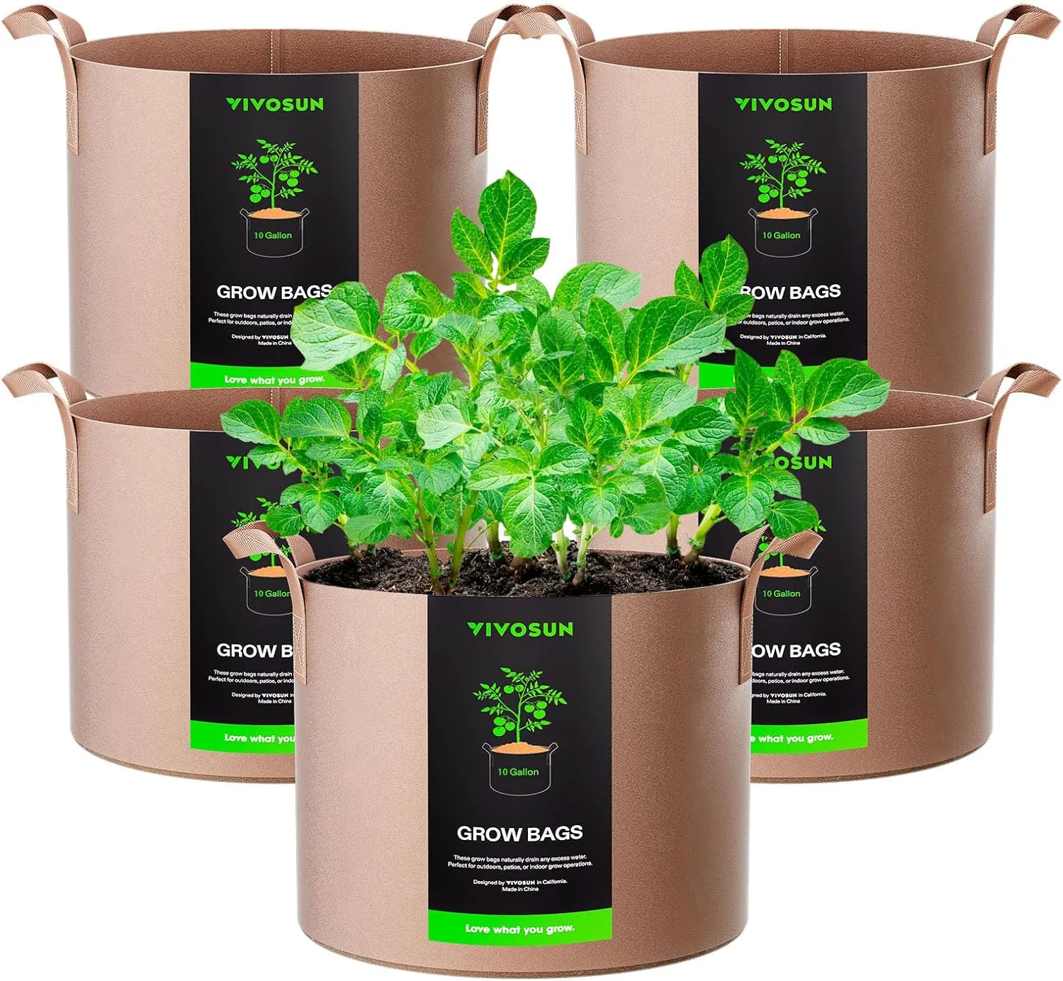 VIVOSUN 5-Pack 10 Gallons Grow Bags Heavy Duty Thickened Nonwoven Fabric Pots with Strap Handles Tan