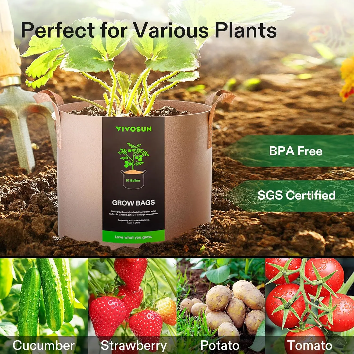 VIVOSUN 5-Pack 10 Gallons Grow Bags Heavy Duty Thickened Nonwoven Fabric Pots with Strap Handles Tan