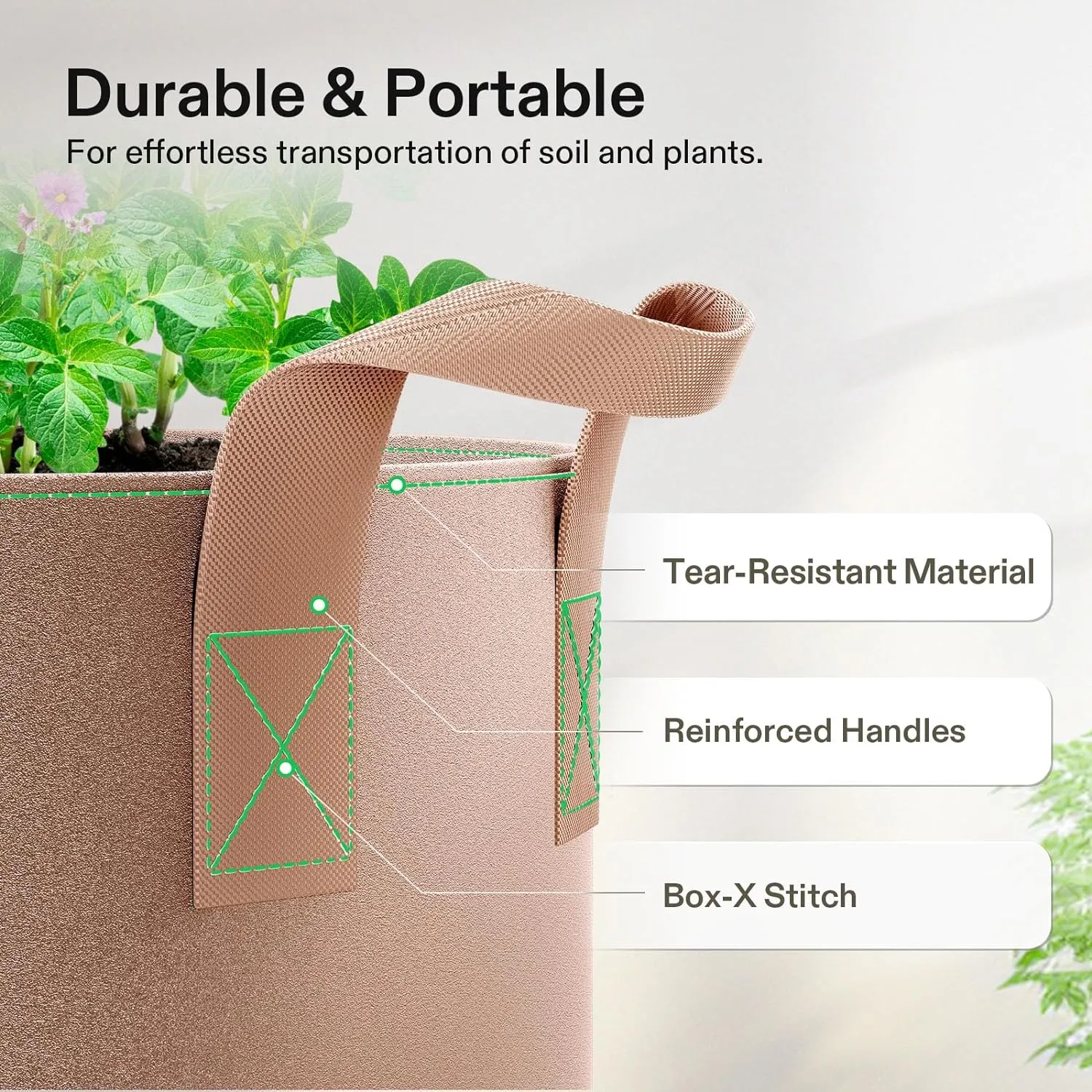 VIVOSUN 5-Pack 10 Gallons Grow Bags Heavy Duty Thickened Nonwoven Fabric Pots with Strap Handles Tan