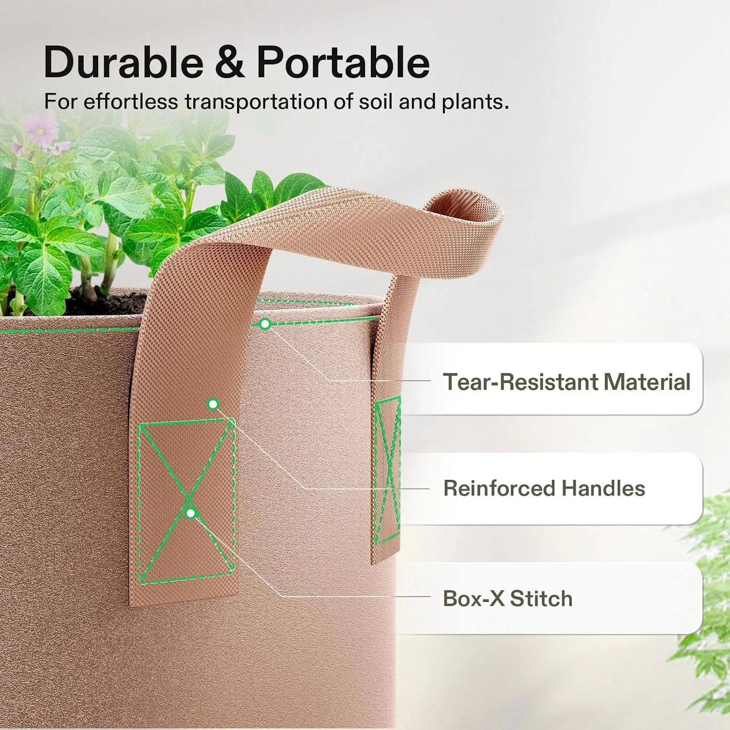 VIVOSUN 5-Pack 20 Gallons Grow Bags Heavy Duty Thickened Nonwoven Fabric Pots with Strap Handles Tan