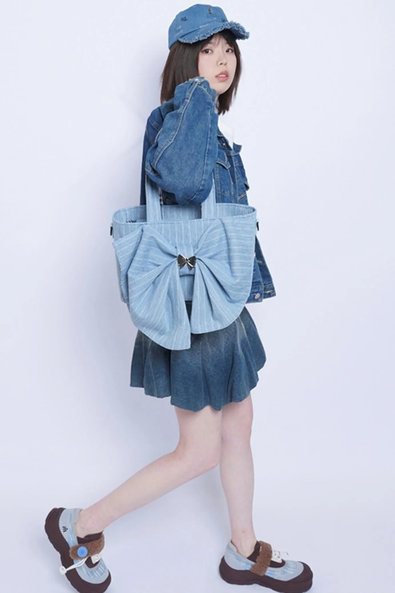 Washed Denim Ribbon Bag