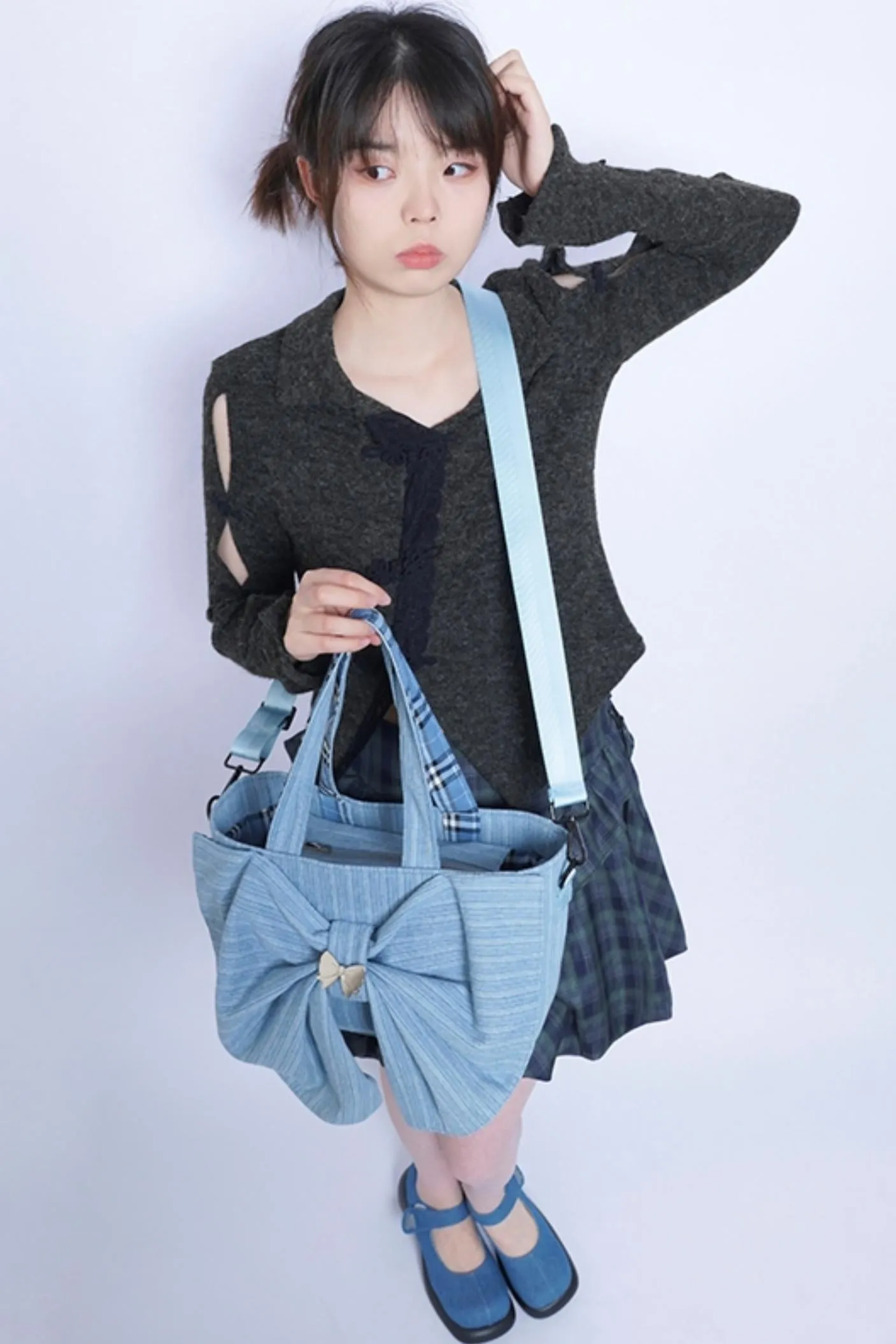 Washed Denim Ribbon Bag