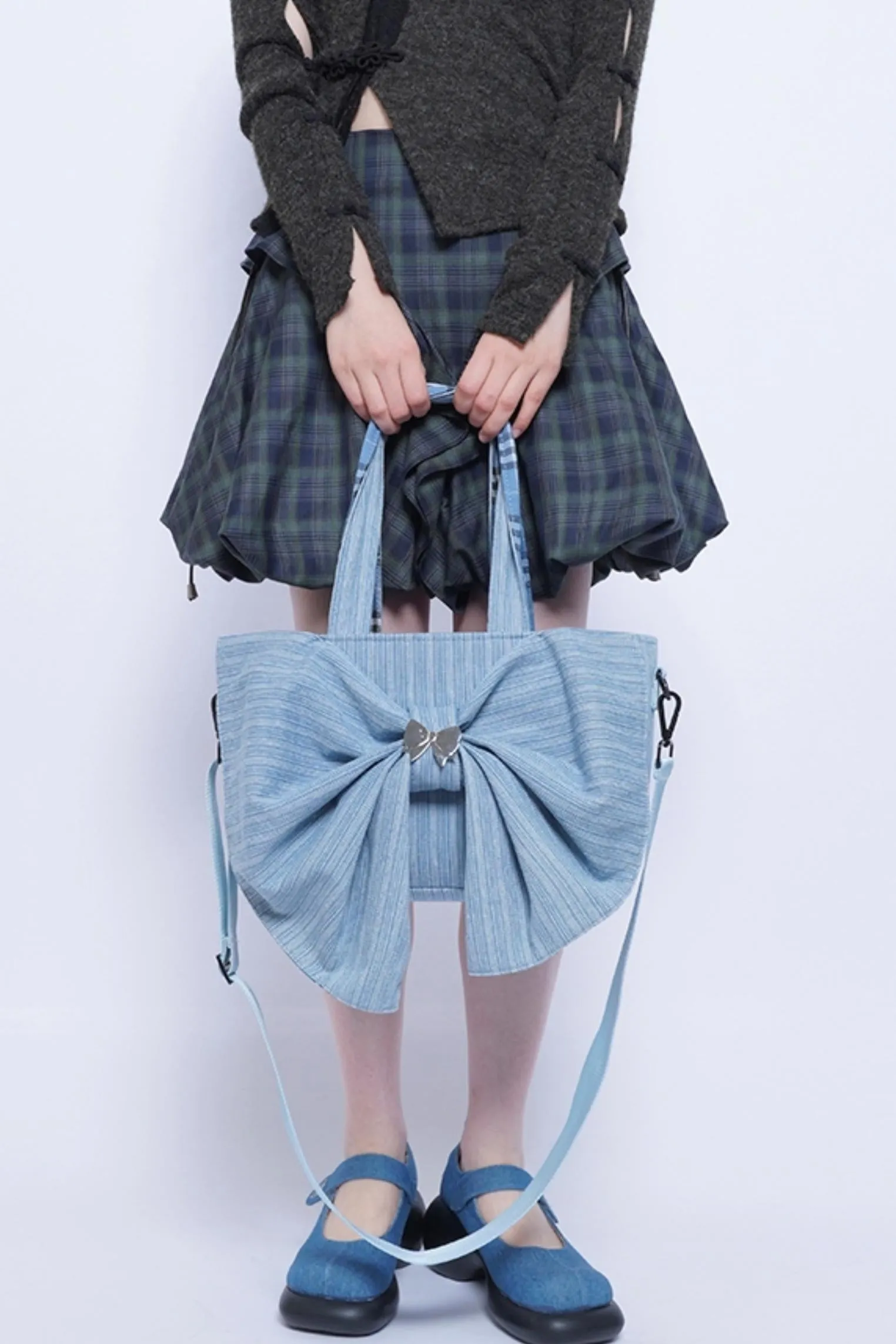 Washed Denim Ribbon Bag