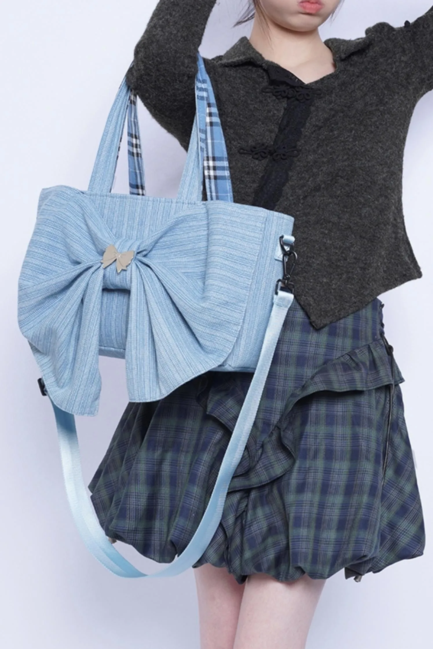 Washed Denim Ribbon Bag
