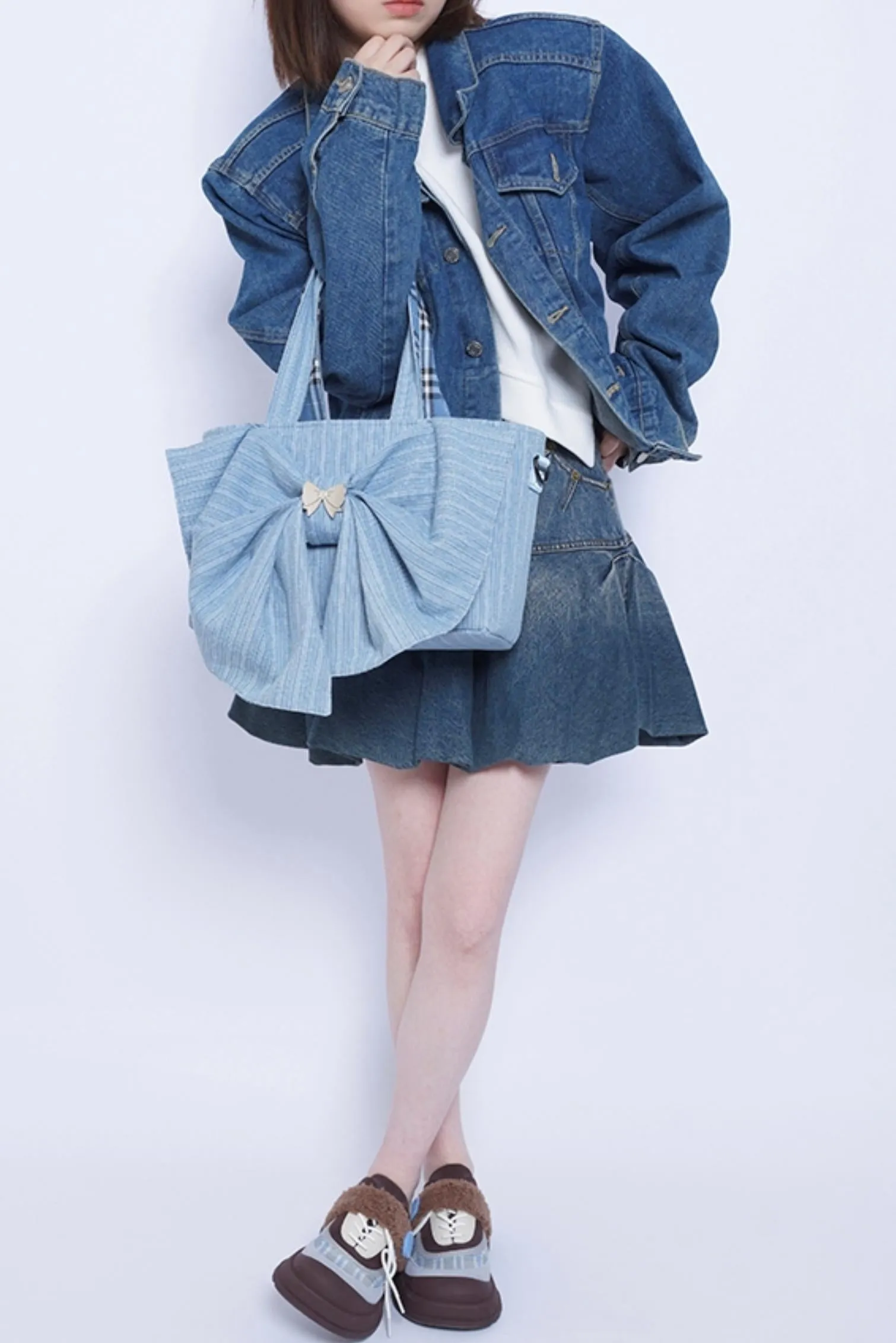 Washed Denim Ribbon Bag