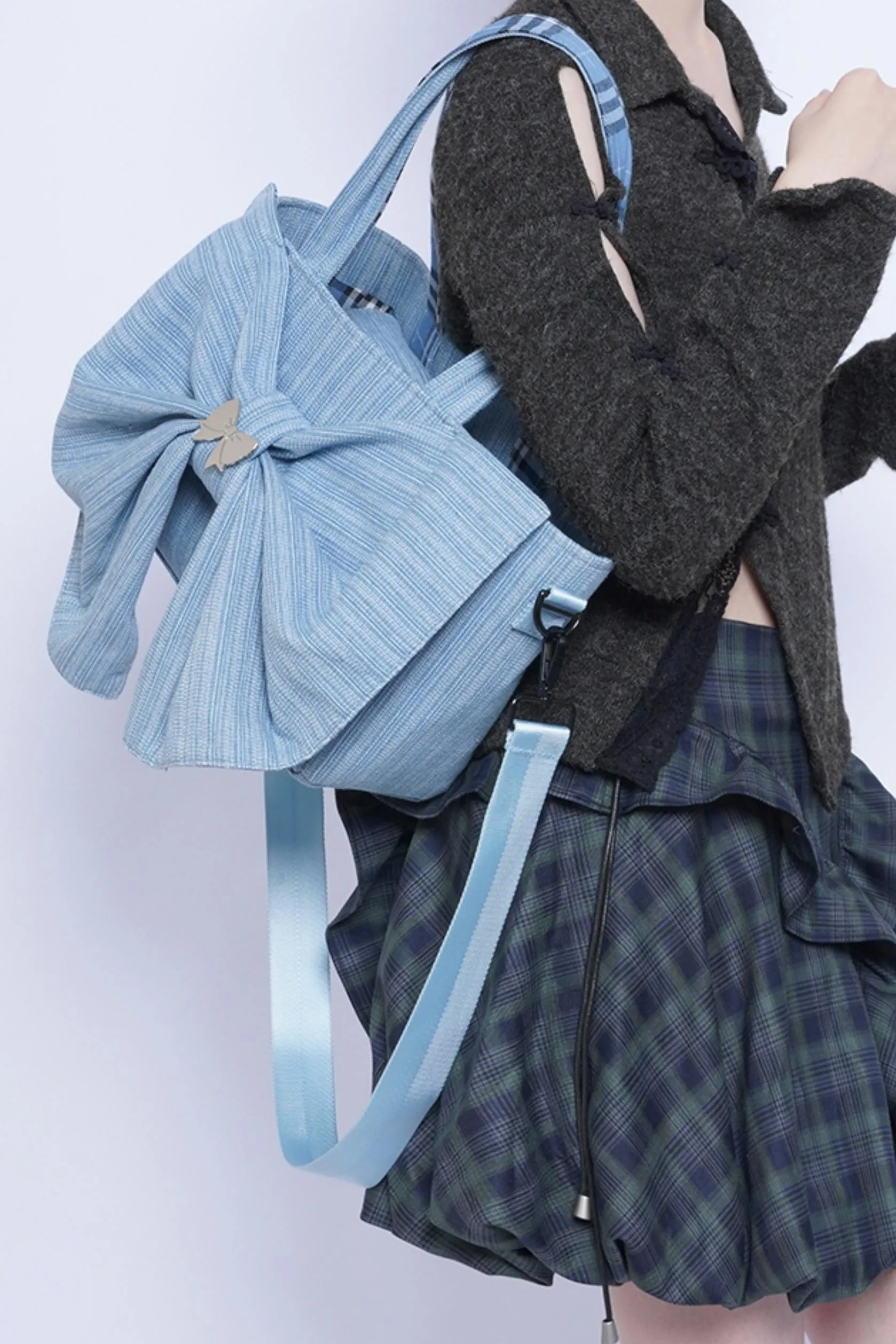 Washed Denim Ribbon Bag