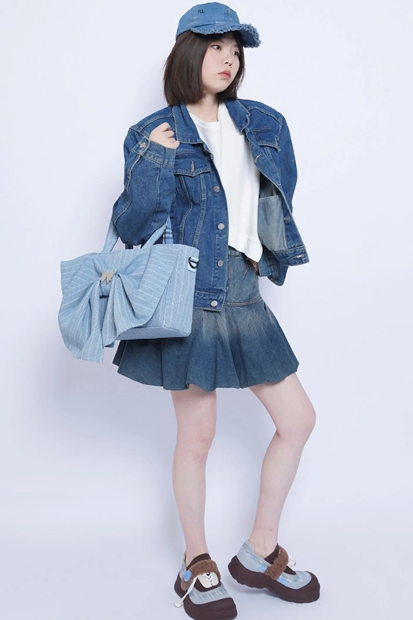 Washed Denim Ribbon Bag