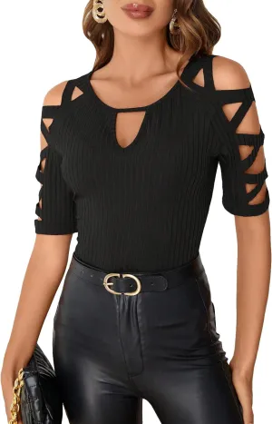 WDIRARA Women's Cut Out Criss Cross Rib Knitted Tee Tops Keyhole Neck Raglan Sleeve Solid Casual T Shirts