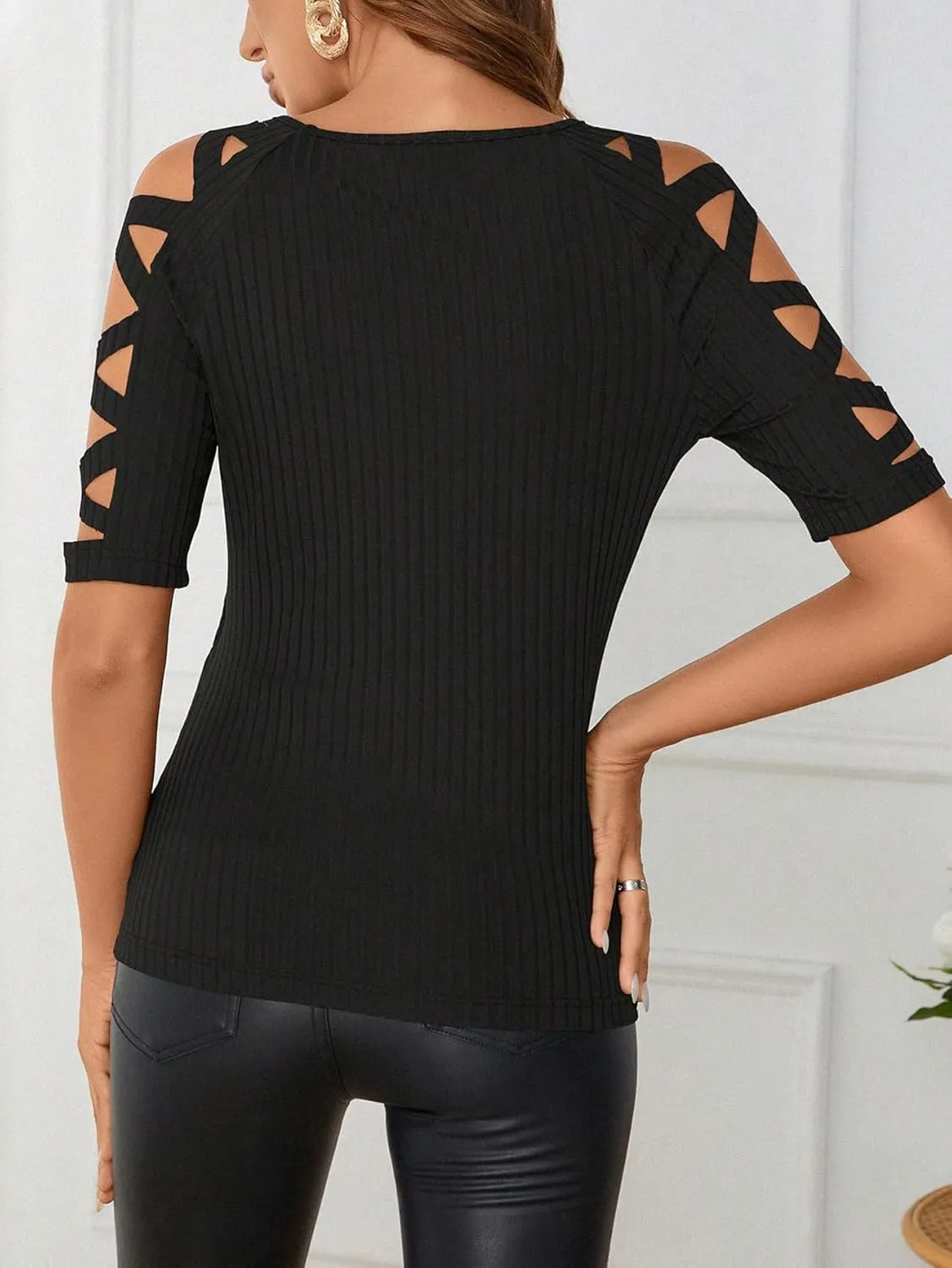 WDIRARA Women's Cut Out Criss Cross Rib Knitted Tee Tops Keyhole Neck Raglan Sleeve Solid Casual T Shirts