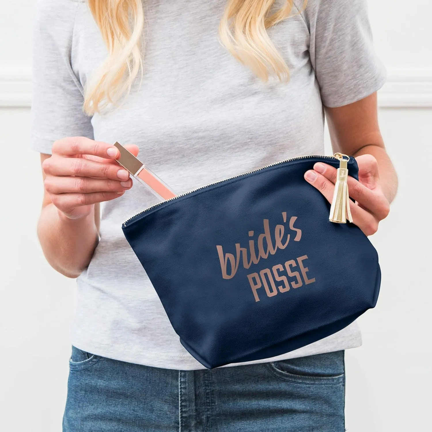 WEDDINGSTAR Large Personalized Canvas Makeup Bag - Bride's Posse Navy Blue