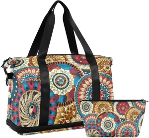 Weekender Bag Set Circles Ethnic Colored Floral Sport Travel Duffel Bag Large Tote Bag with Shoe Compartment