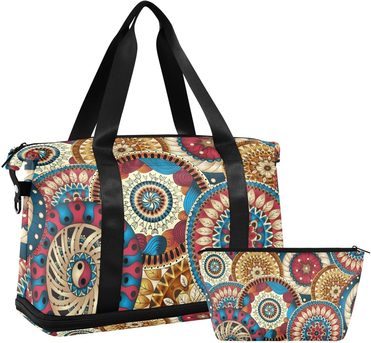 Weekender Bag Set Circles Ethnic Colored Floral Sport Travel Duffel Bag Large Tote Bag with Shoe Compartment