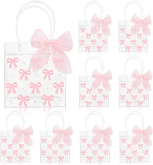 Whaline 24 Pcs Bow Coquette Clear PVC Gift Bags Pink Bowknot Daisy Flower Party Favor Bags with Handle Treat Tote Bags with Ribbon for Wedding Birthday Baby Shower