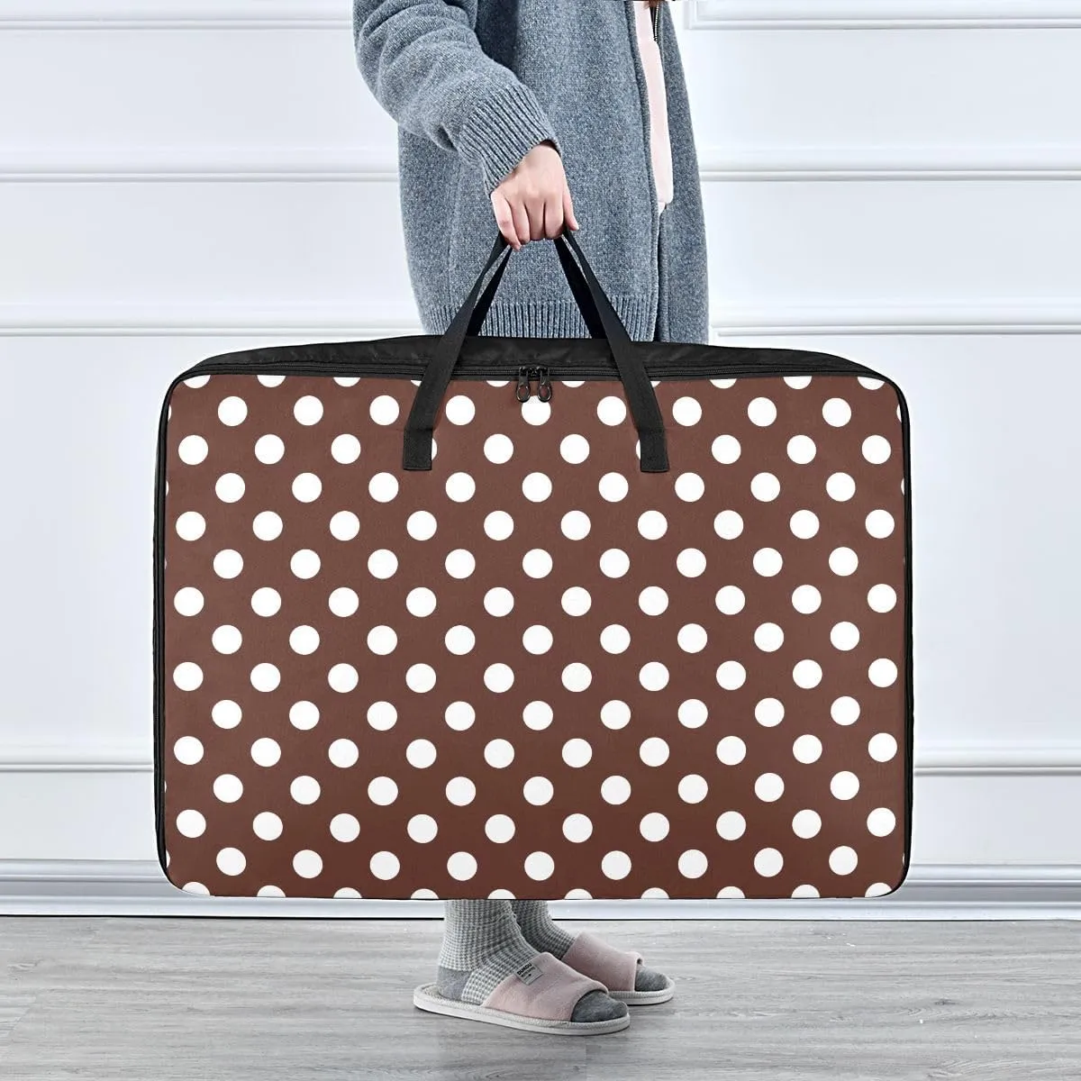 White Brown Retro Polka Dot Storage Bags, 27.5x19.7x11 In, Garment Storage Organizer Travel Cargo Duffel Bags Space Saving Packing Totes for Moving Supplies Storage