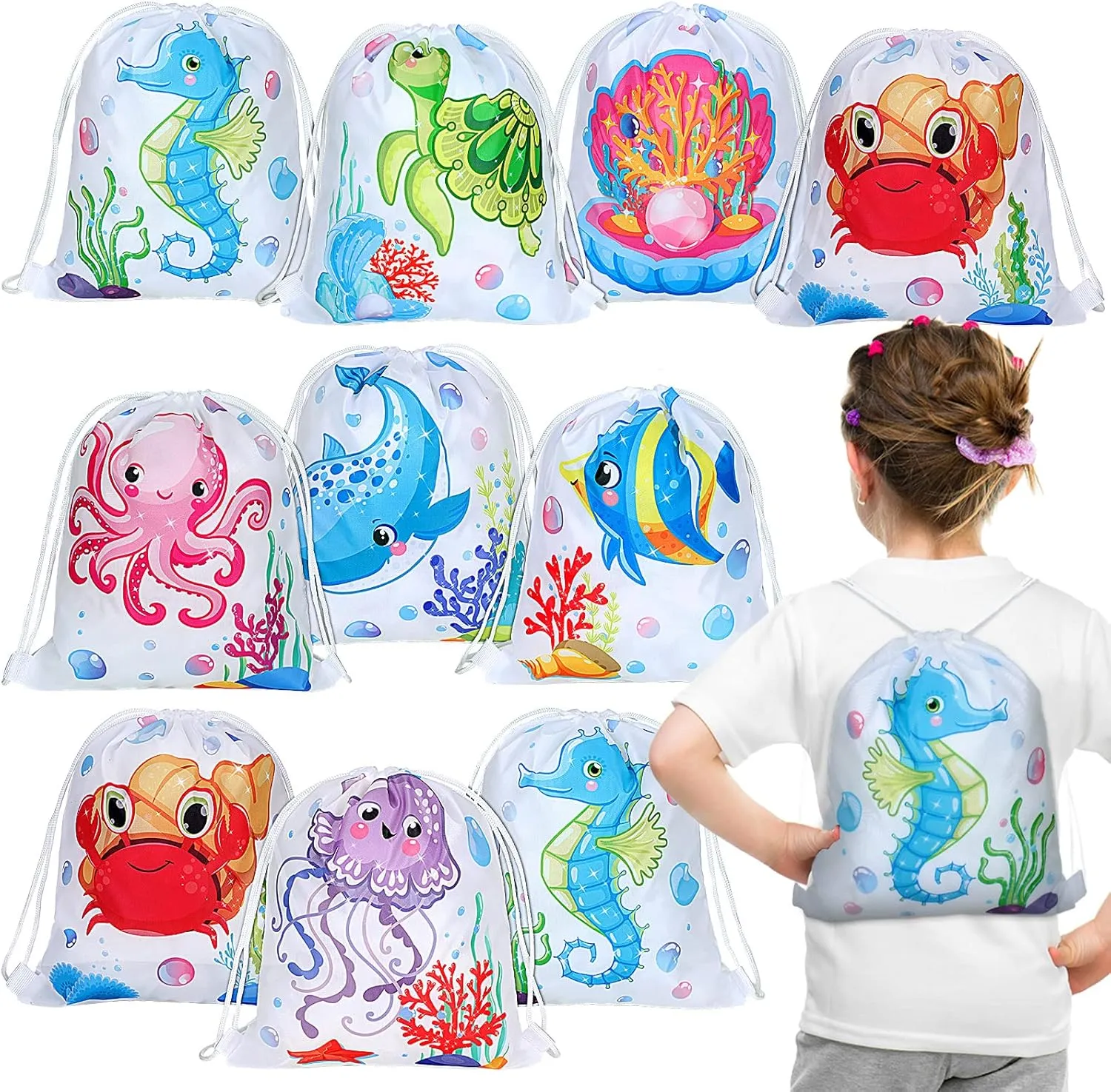 Woanger 16 Pcs Under the Sea Party Bags Ocean Drawstring party favor Bags Sea Animal Drawstring Bags Reusable Sea Life Goodie Candy Bags Party Decorations for Kids Birthday Party 11.8 x 9.8 Inch
