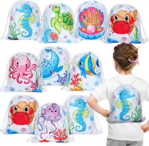 Woanger 16 Pcs Under the Sea Party Bags Ocean Drawstring party favor Bags Sea Animal Drawstring Bags Reusable Sea Life Goodie Candy Bags Party Decorations for Kids Birthday Party 11.8 x 9.8 Inch