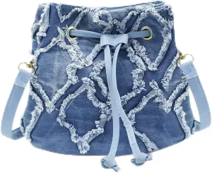 Women Denim Bucket Bag, Jean Small Crossbody Bags for Women, Fashion Rhombus Shoulder Bag with Drawstring