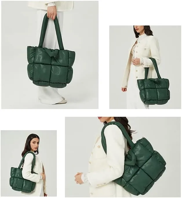 Women Padded Shoulder Bag Luxury Check Tote Bag Soft Pillow Handbag Quilted Puffy High Capacity Underarm