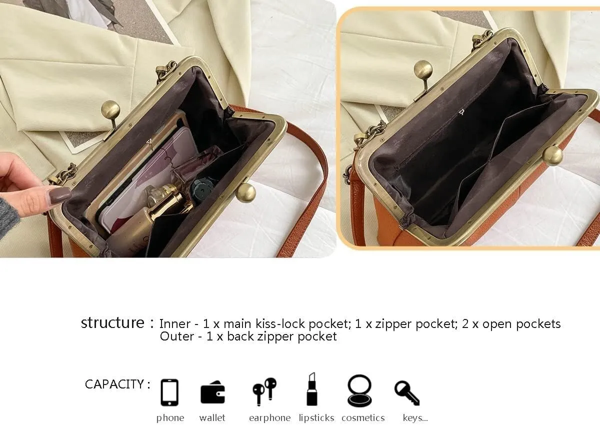 Women Tote Handbag Classical Retro Shoulder Bag Chain Strap Leather Kiss Lock Satchel Clutch Work Shopper Crossbody Bag