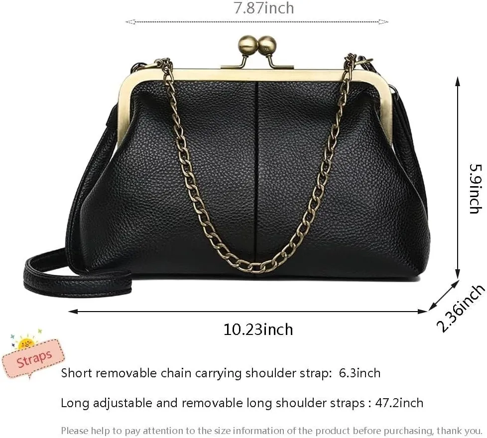 Women Tote Handbag Classical Retro Shoulder Bag Chain Strap Leather Kiss Lock Satchel Clutch Work Shopper Crossbody Bag