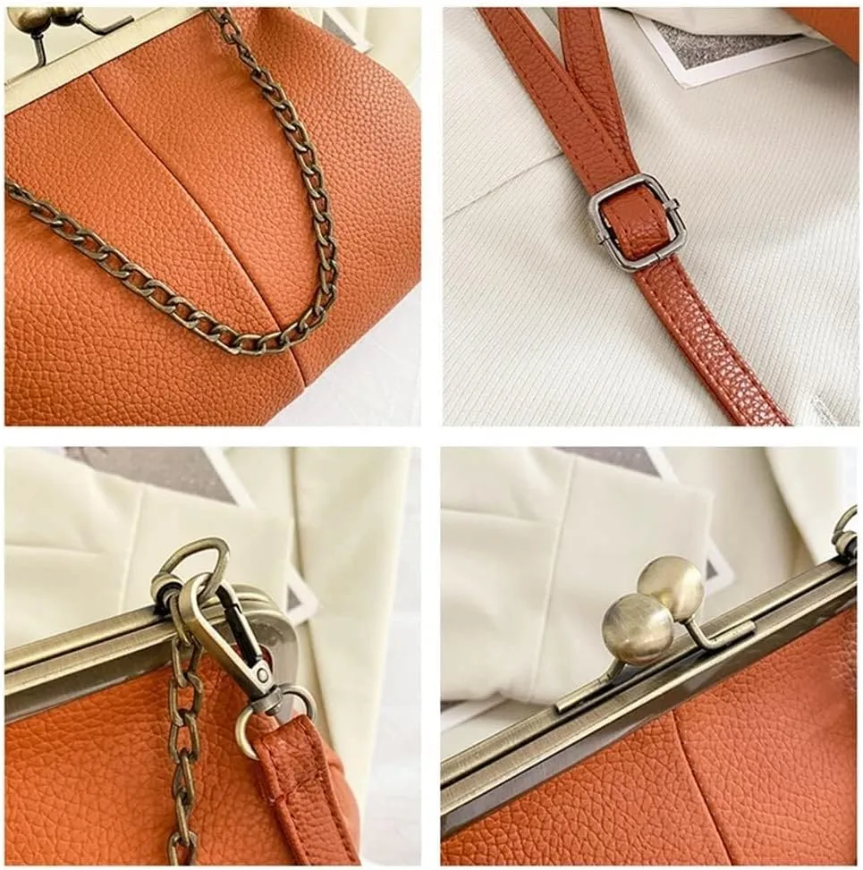 Women Tote Handbag Classical Retro Shoulder Bag Chain Strap Leather Kiss Lock Satchel Clutch Work Shopper Crossbody Bag
