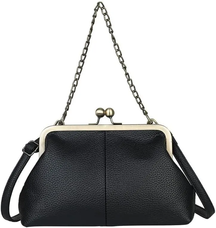 Women Tote Handbag Classical Retro Shoulder Bag Chain Strap Leather Kiss Lock Satchel Clutch Work Shopper Crossbody Bag