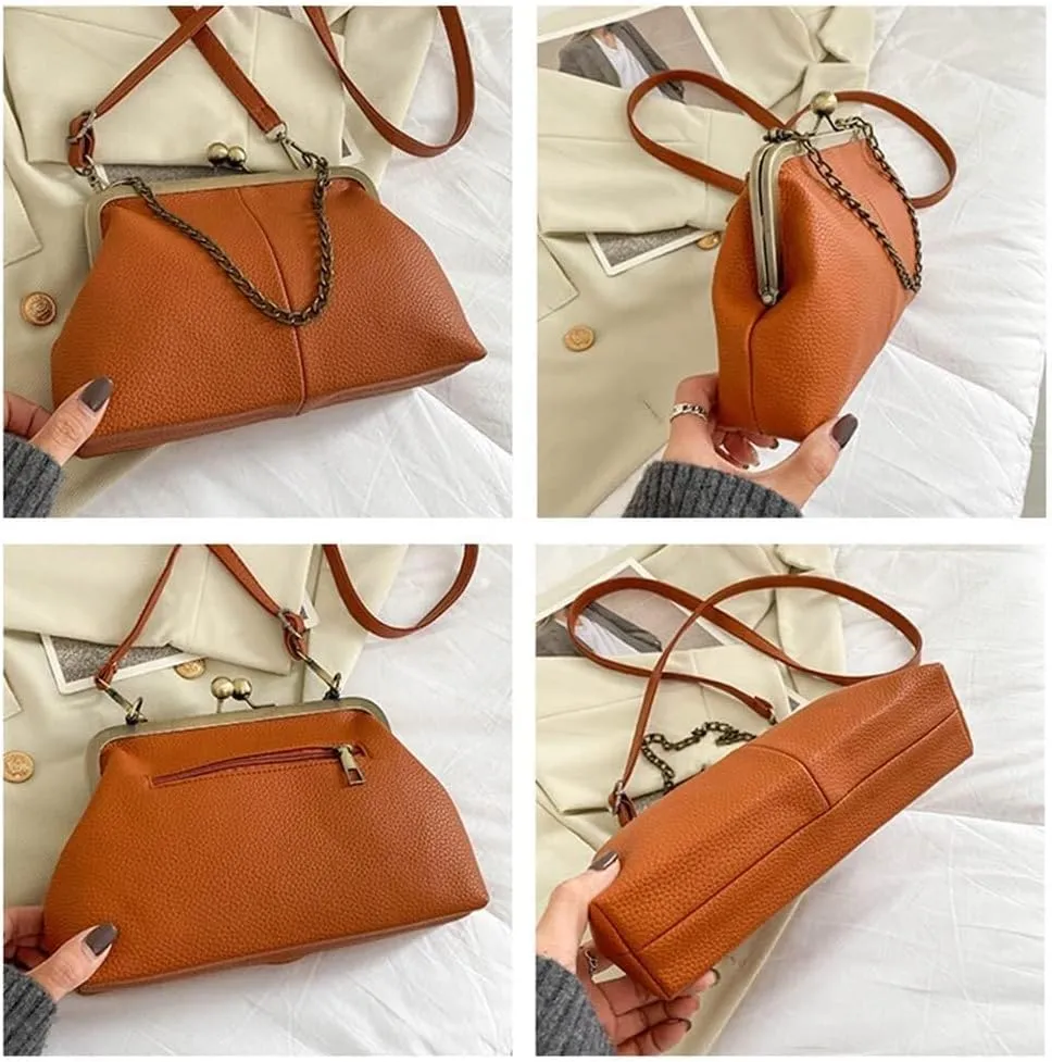 Women Tote Handbag Classical Retro Shoulder Bag Chain Strap Leather Kiss Lock Satchel Clutch Work Shopper Crossbody Bag