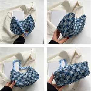Women's Denim Plaid Shoulder Bags Small Fashion Underarm Purse Handbag Casual Retro Work Crossbody Bag (Black)