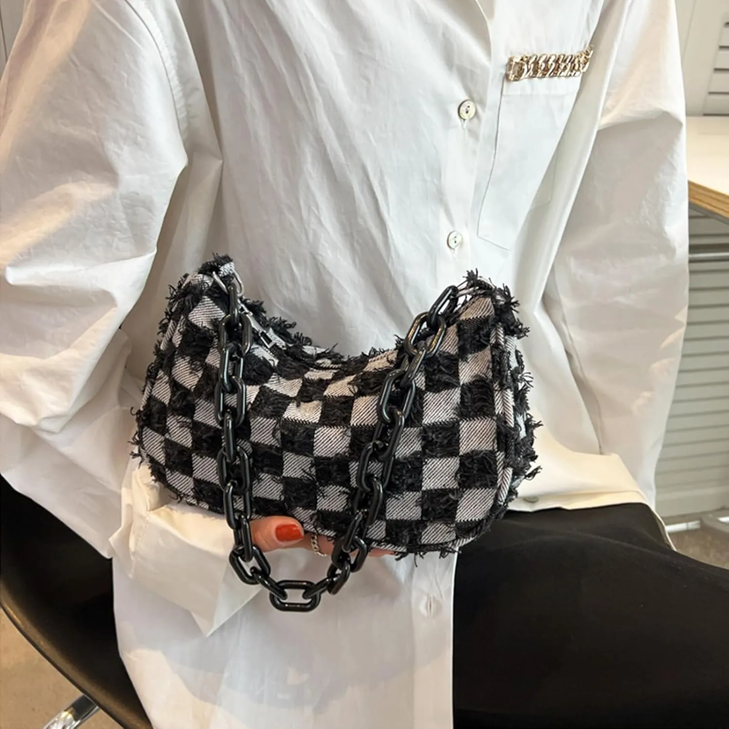 Women's Denim Plaid Shoulder Bags Small Fashion Underarm Purse Handbag Casual Retro Work Crossbody Bag (Black)