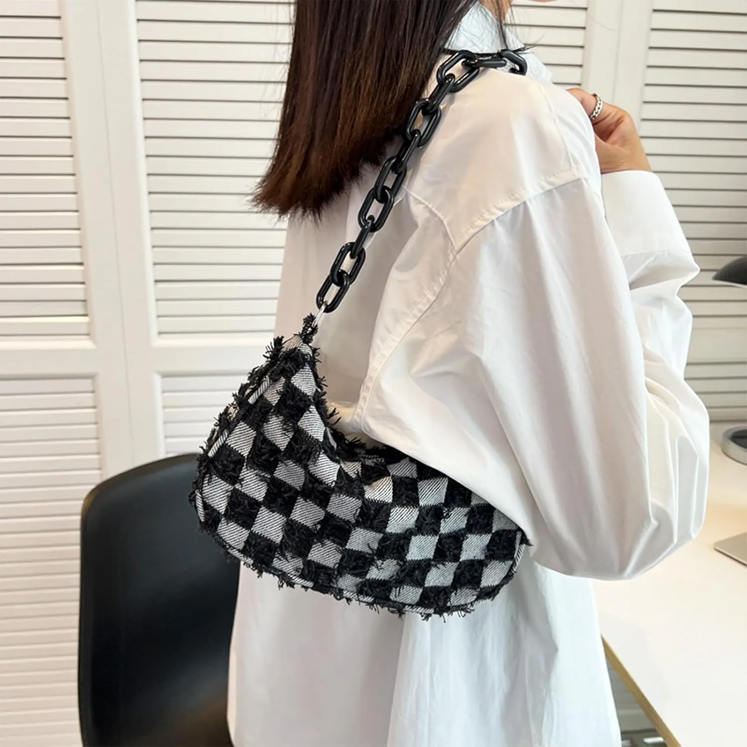 Women's Denim Plaid Shoulder Bags Small Fashion Underarm Purse Handbag Casual Retro Work Crossbody Bag (Black)