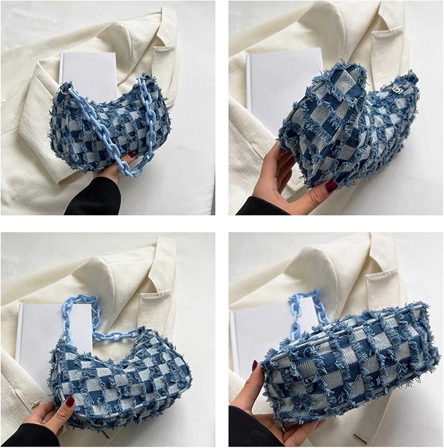 Women's Denim Plaid Shoulder Bags Small Fashion Underarm Purse Handbag Casual Retro Work Crossbody Bag (Black)