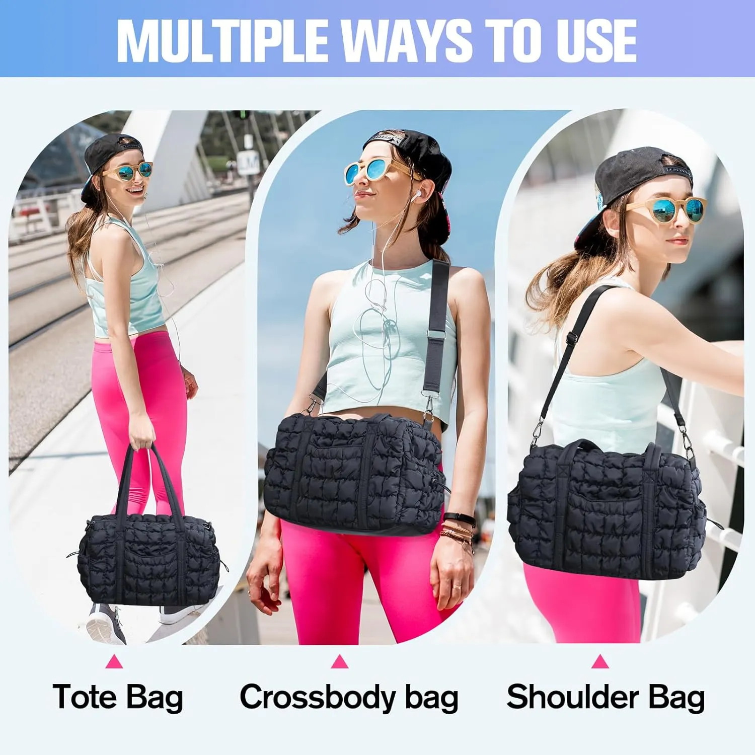 Womens Small Gym Bag 13 Inch, Mini Carry On Puffer Tote Bag for Travel Overnight Weekender Workout Camping Hospital Airplanes, Black Dance Sports Quilted Duffle Bags Gym Accessories Gifts for Women