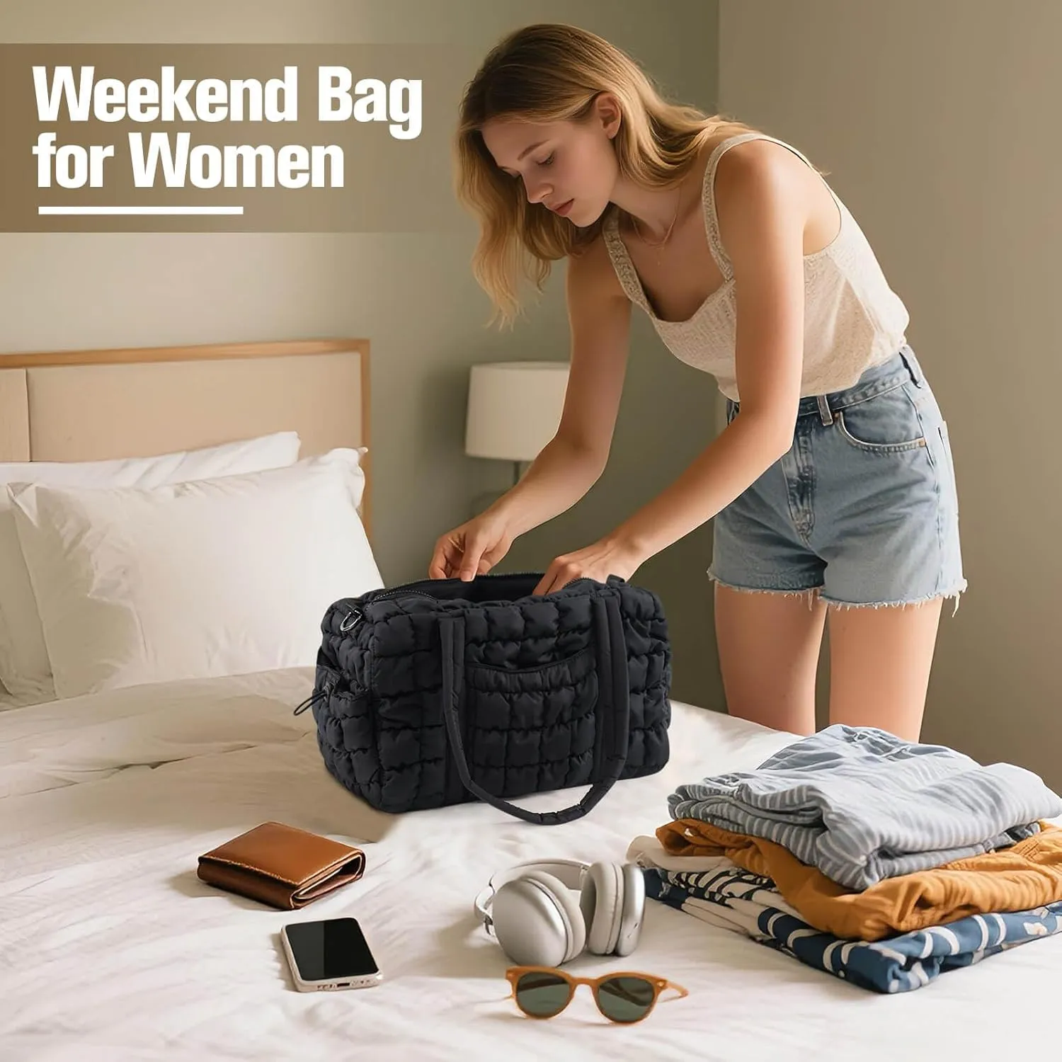 Womens Small Gym Bag 13 Inch, Mini Carry On Puffer Tote Bag for Travel Overnight Weekender Workout Camping Hospital Airplanes, Black Dance Sports Quilted Duffle Bags Gym Accessories Gifts for Women