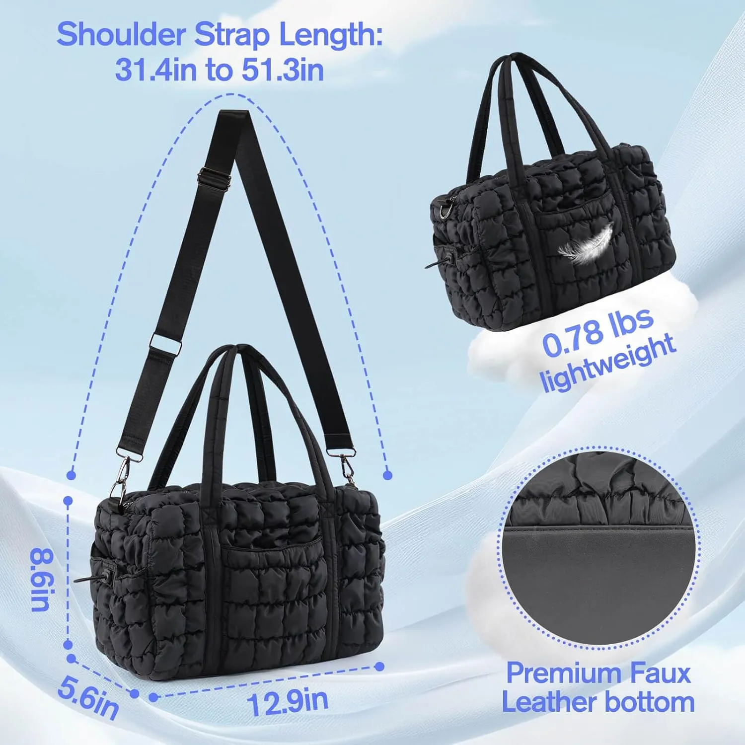 Womens Small Gym Bag 13 Inch, Mini Carry On Puffer Tote Bag for Travel Overnight Weekender Workout Camping Hospital Airplanes, Black Dance Sports Quilted Duffle Bags Gym Accessories Gifts for Women