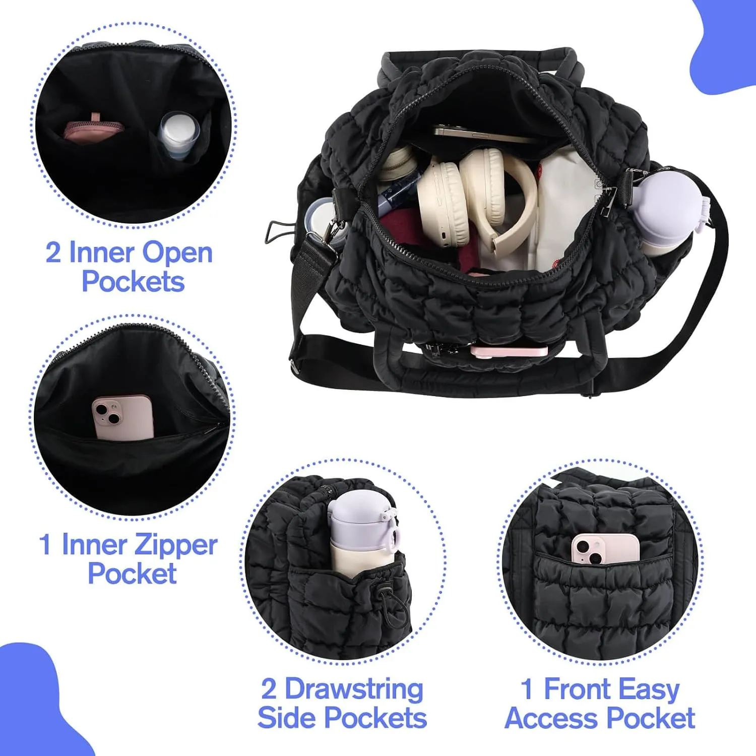 Womens Small Gym Bag 13 Inch, Mini Carry On Puffer Tote Bag for Travel Overnight Weekender Workout Camping Hospital Airplanes, Black Dance Sports Quilted Duffle Bags Gym Accessories Gifts for Women