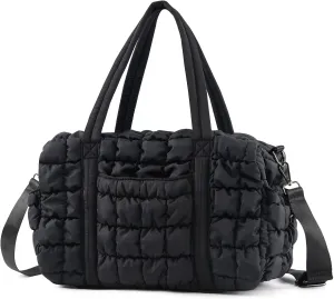 Womens Small Gym Bag 13 Inch, Mini Carry On Puffer Tote Bag for Travel Overnight Weekender Workout Camping Hospital Airplanes, Black Dance Sports Quilted Duffle Bags Gym Accessories Gifts for Women