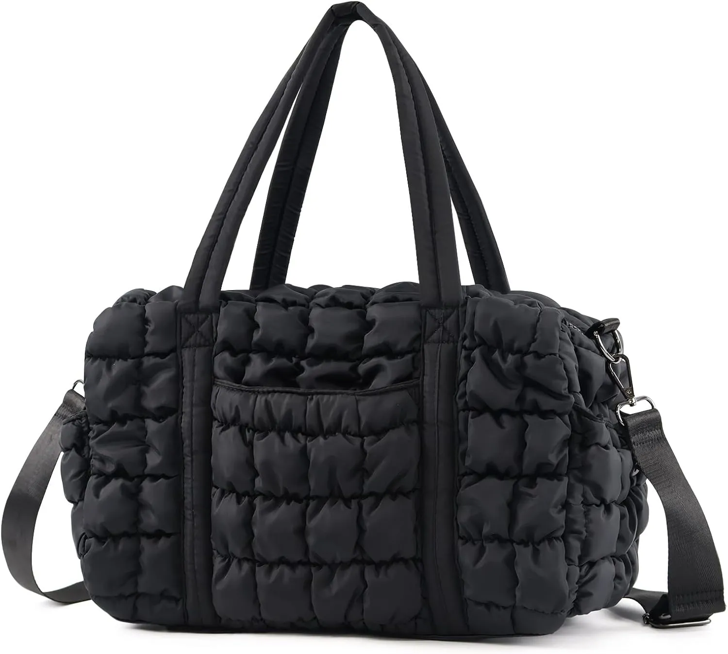 Womens Small Gym Bag 13 Inch, Mini Carry On Puffer Tote Bag for Travel Overnight Weekender Workout Camping Hospital Airplanes, Black Dance Sports Quilted Duffle Bags Gym Accessories Gifts for Women