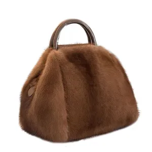 WSP3 Real Mink Fur Handbag For Women Luxury Furry Fur Purse With Long Exchangeable Strap Fashionable Bags Smoothy Fluffy Bag Qualitied Fur Clutch(brown)