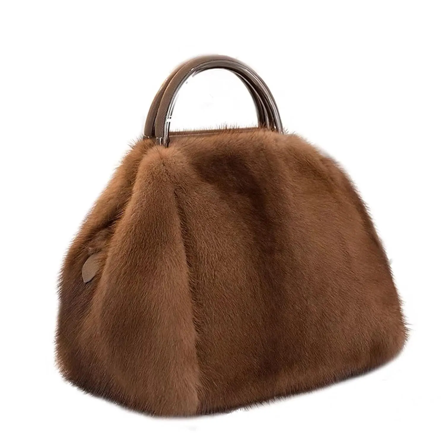 WSP3 Real Mink Fur Handbag For Women Luxury Furry Fur Purse With Long Exchangeable Strap Fashionable Bags Smoothy Fluffy Bag Qualitied Fur Clutch(brown)