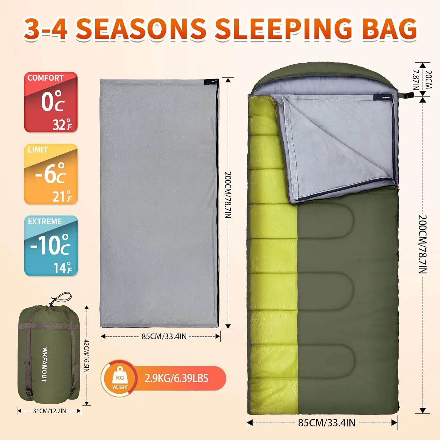 XL 10 Degree Sleeping Bags Waterproof for Adults 350GSM Machine Washable with Compression Sack for 3-4 Season Camping Outdoor
