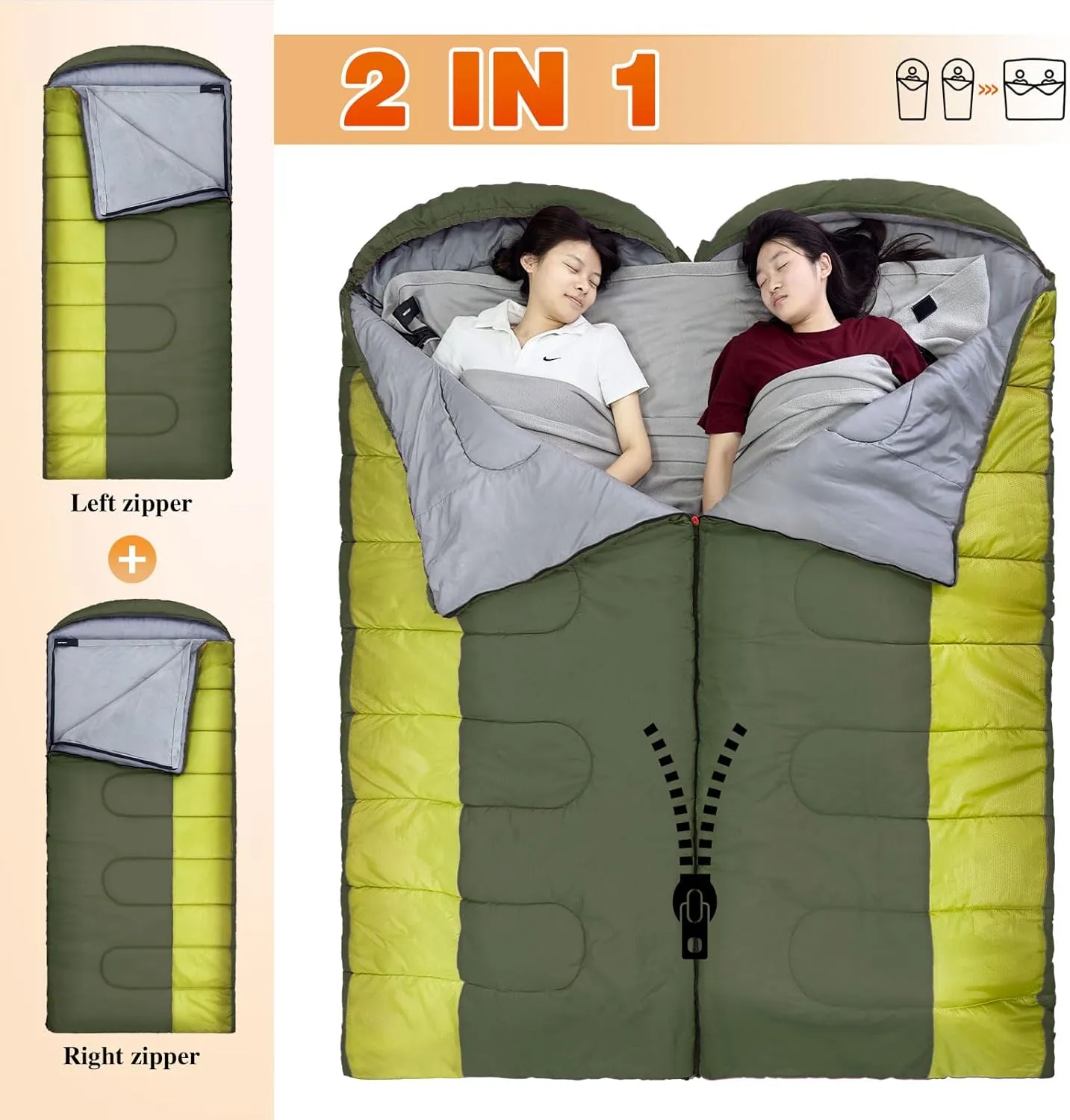 XL 10 Degree Sleeping Bags Waterproof for Adults 350GSM Machine Washable with Compression Sack for 3-4 Season Camping Outdoor